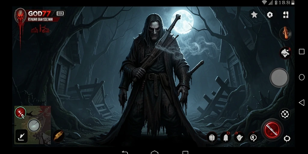 Tangkapan layar gameplay GOD77 menampilkan suasana menyeramkan dan menegangkan.