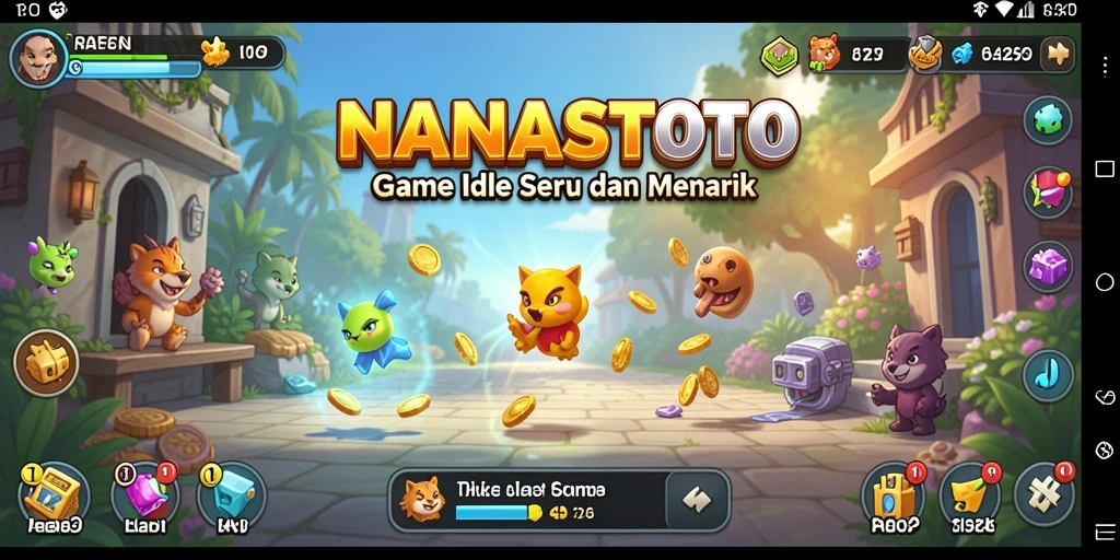 Screenshot gameplay utama NANASTOTO menampilkan karakter dan sistem Idle yang menarik.