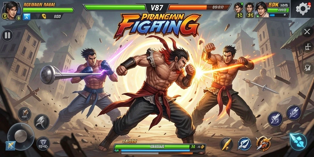 Screenshot gameplay V87 menunjukkan pertarungan seru antara karakter.